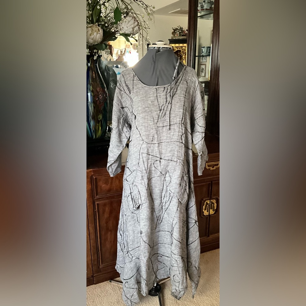 Women’s Linen Relaxed Grey Patterned Tunic Dress